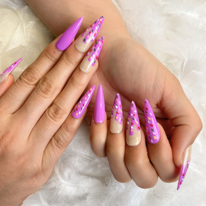 097  Stiletto 10PCS detachable reusable Handmade press on nails of hand-painted nail art with ice cream and candy