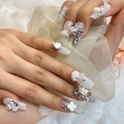 003 Medium-length  10PCS detachable reusable  Handmade press on nails  of Dream Galaxy four-leaf clover handmade nails.