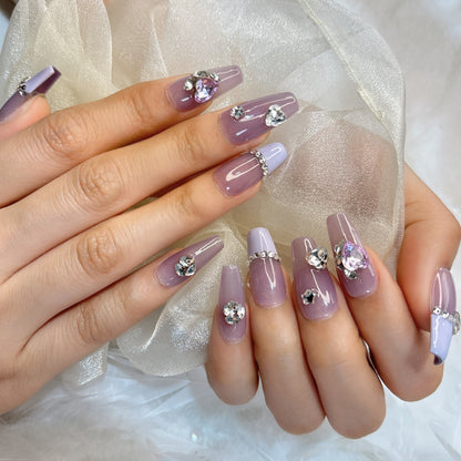 004 Medium-length   10PCS detachable reusable Handmade press on nails  of Dream Violet and diamond-encrusted handmade nails