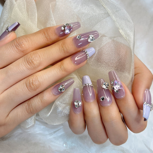 004 Medium-length   10PCS detachable reusable Handmade press on nails  of Dream Violet and diamond-encrusted handmade nails