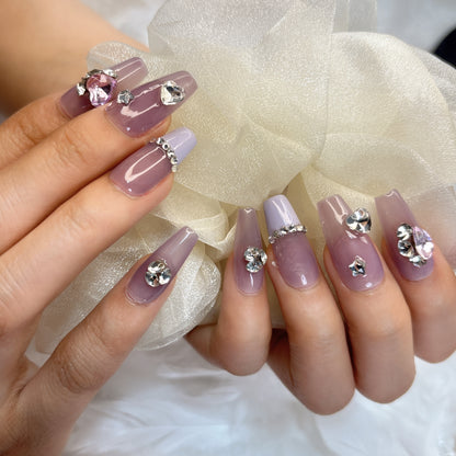 004 Medium-length   10PCS detachable reusable Handmade press on nails  of Dream Violet and diamond-encrusted handmade nails