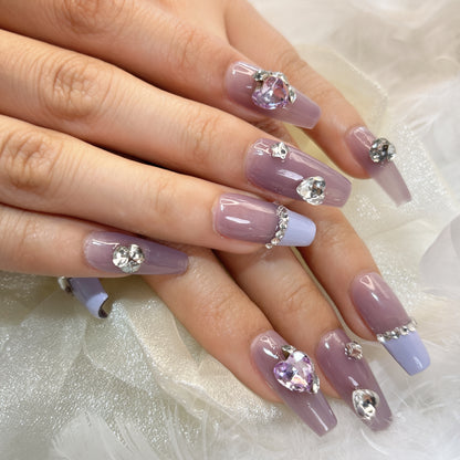 004 Medium-length   10PCS detachable reusable Handmade press on nails  of Dream Violet and diamond-encrusted handmade nails