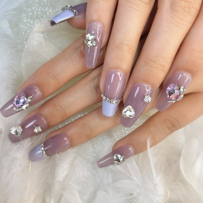 004 Medium-length   10PCS detachable reusable Handmade press on nails  of Dream Violet and diamond-encrusted handmade nails