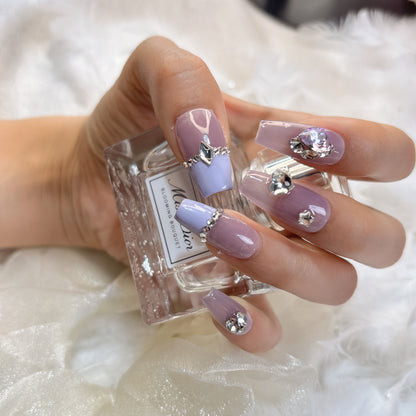 004 Medium-length   10PCS detachable reusable Handmade press on nails  of Dream Violet and diamond-encrusted handmade nails