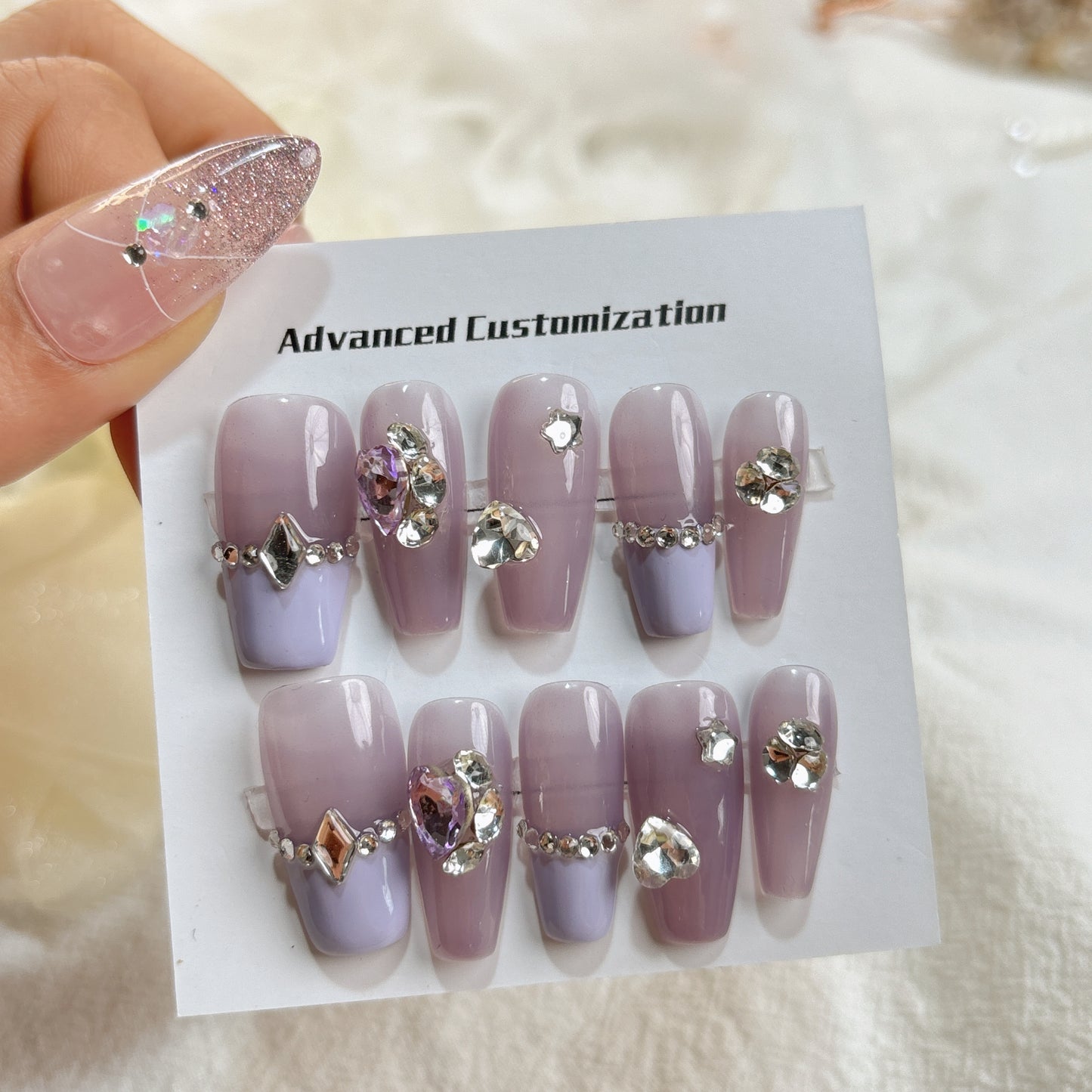 004 Medium-length   10PCS detachable reusable Handmade press on nails  of Dream Violet and diamond-encrusted handmade nails