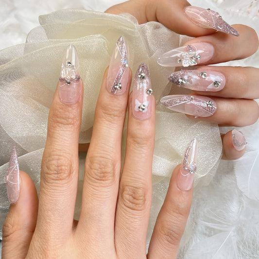 005  Stiletto  10PCS detachable reusable Handmade press on nails  of three-dimensional butterfly glitter white handmade nail.