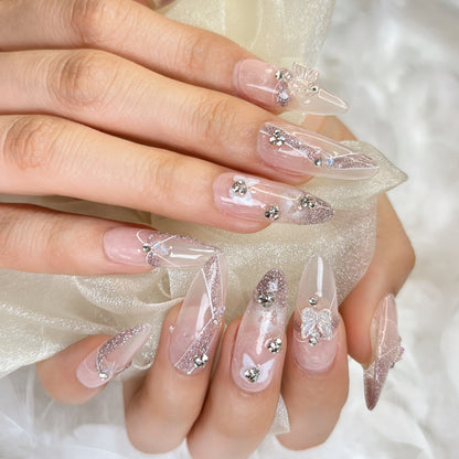 005  Stiletto  10PCS detachable reusable Handmade press on nails  of three-dimensional butterfly glitter white handmade nail.