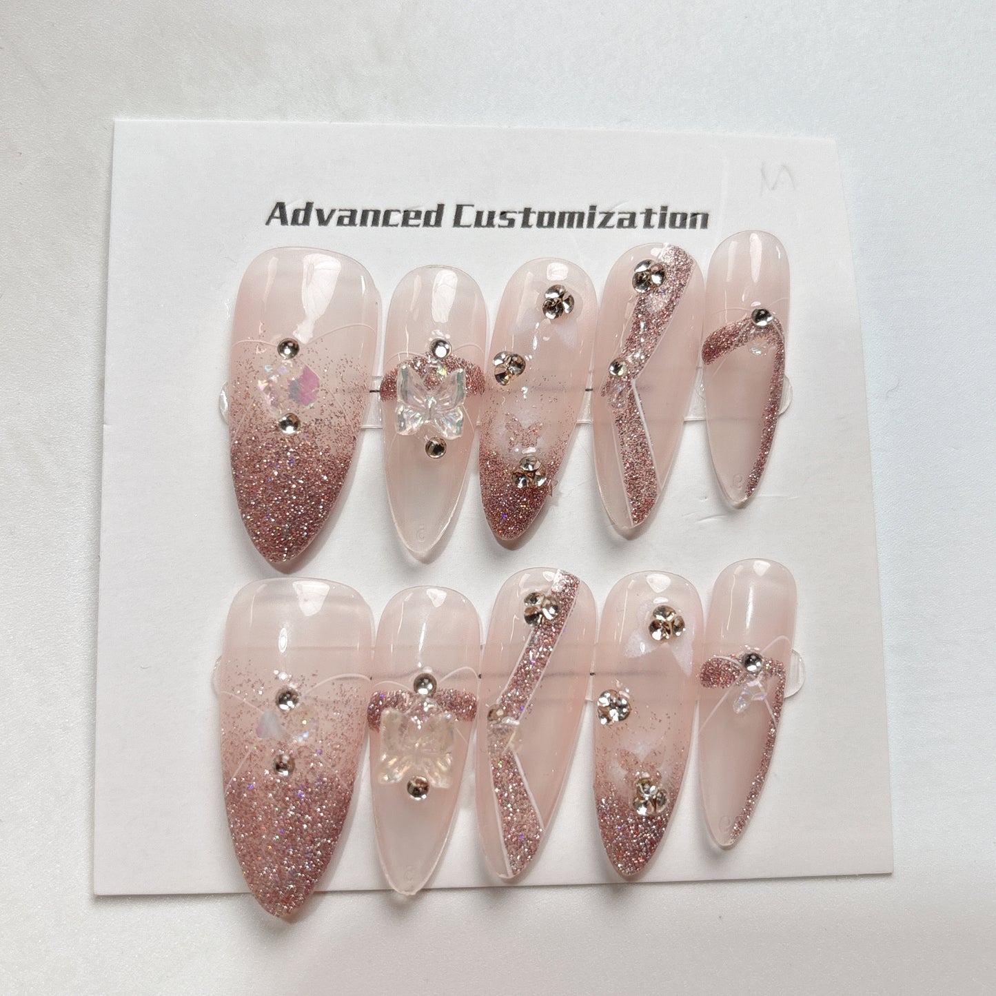 005  Stiletto  10PCS detachable reusable Handmade press on nails  of three-dimensional butterfly glitter white handmade nail.