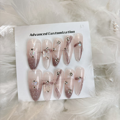 005  Stiletto  10PCS detachable reusable Handmade press on nails  of three-dimensional butterfly glitter white handmade nail.