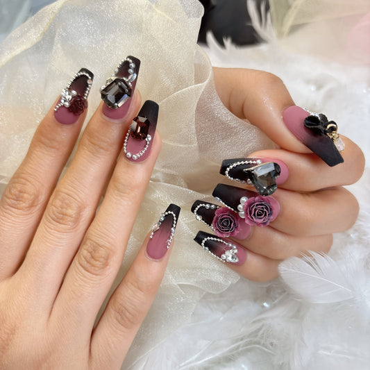 006 Medium-length  10PCS detachable reusable   Handmade press on nails  of high-grade blended dark three-dimensional rose nail