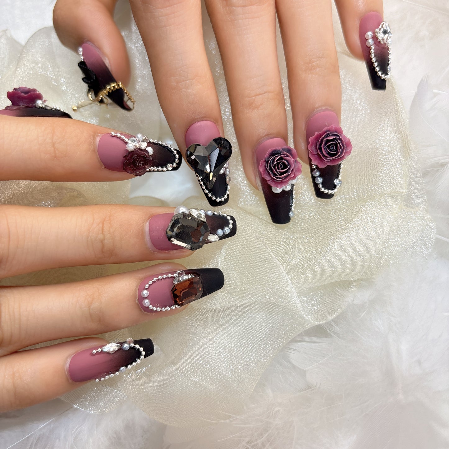 006 Medium-length  10PCS detachable reusable   Handmade press on nails  of high-grade blended dark three-dimensional rose nail