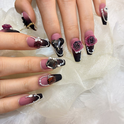 006 Medium-length  10PCS detachable reusable   Handmade press on nails  of high-grade blended dark three-dimensional rose nail