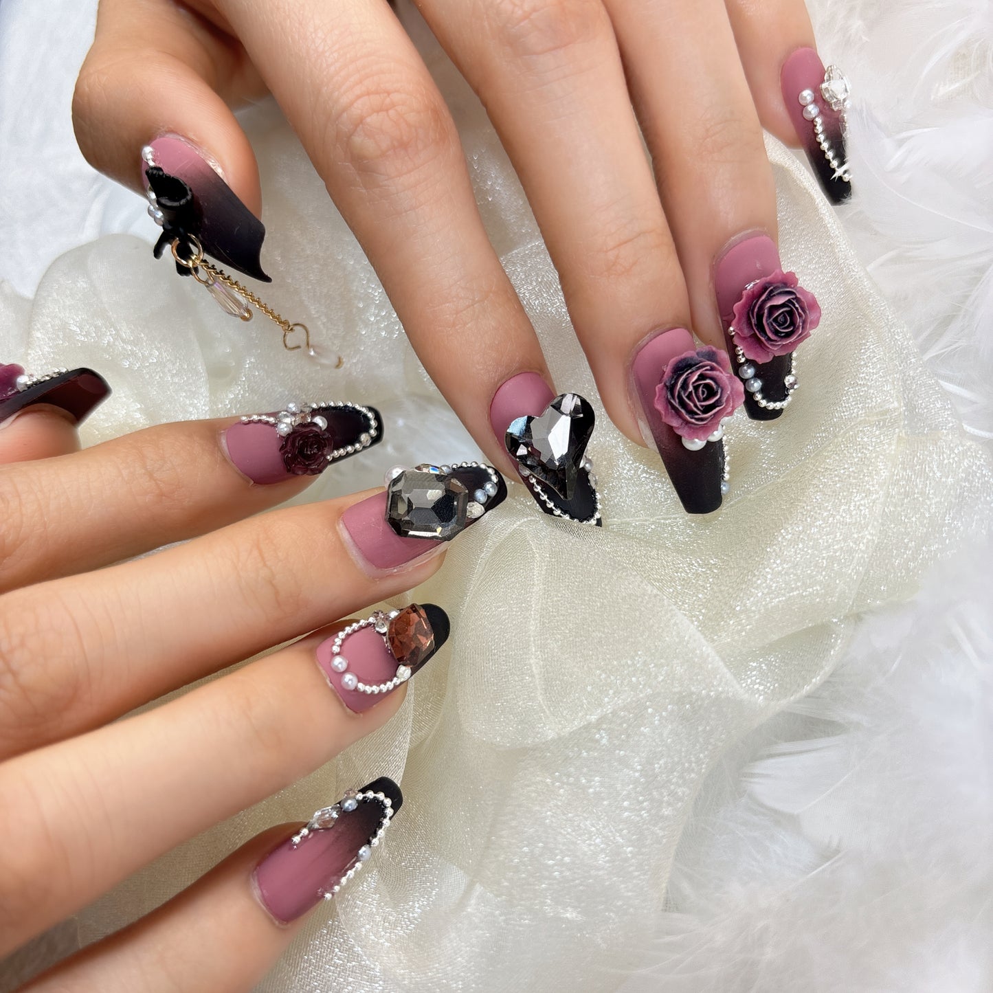 006 Medium-length  10PCS detachable reusable   Handmade press on nails  of high-grade blended dark three-dimensional rose nail