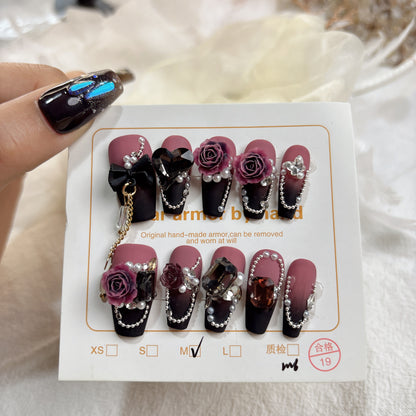 006 Medium-length  10PCS detachable reusable   Handmade press on nails  of high-grade blended dark three-dimensional rose nail