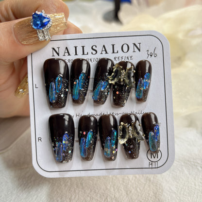 007 Mid-length  10PCS detachable reusable  Handmade press on nails  of  luxury blue drop diamond butterfly  nail