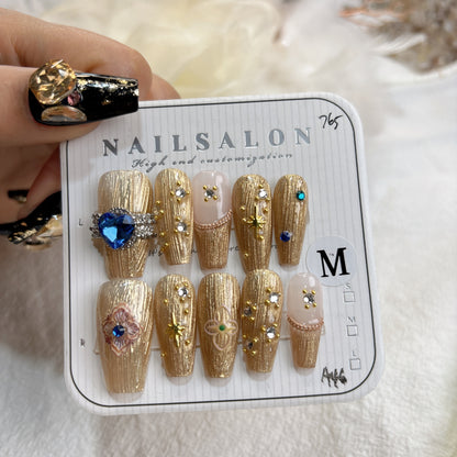 008  Mid-length   10PCS Handmade press on nails  of Vintage baroque relief French aristocratic handmade nail