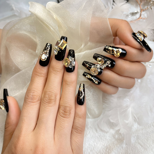 009 Mid-length 10PCS Handmade press on nails of light luxury gold foil yellow diamond handmade nails