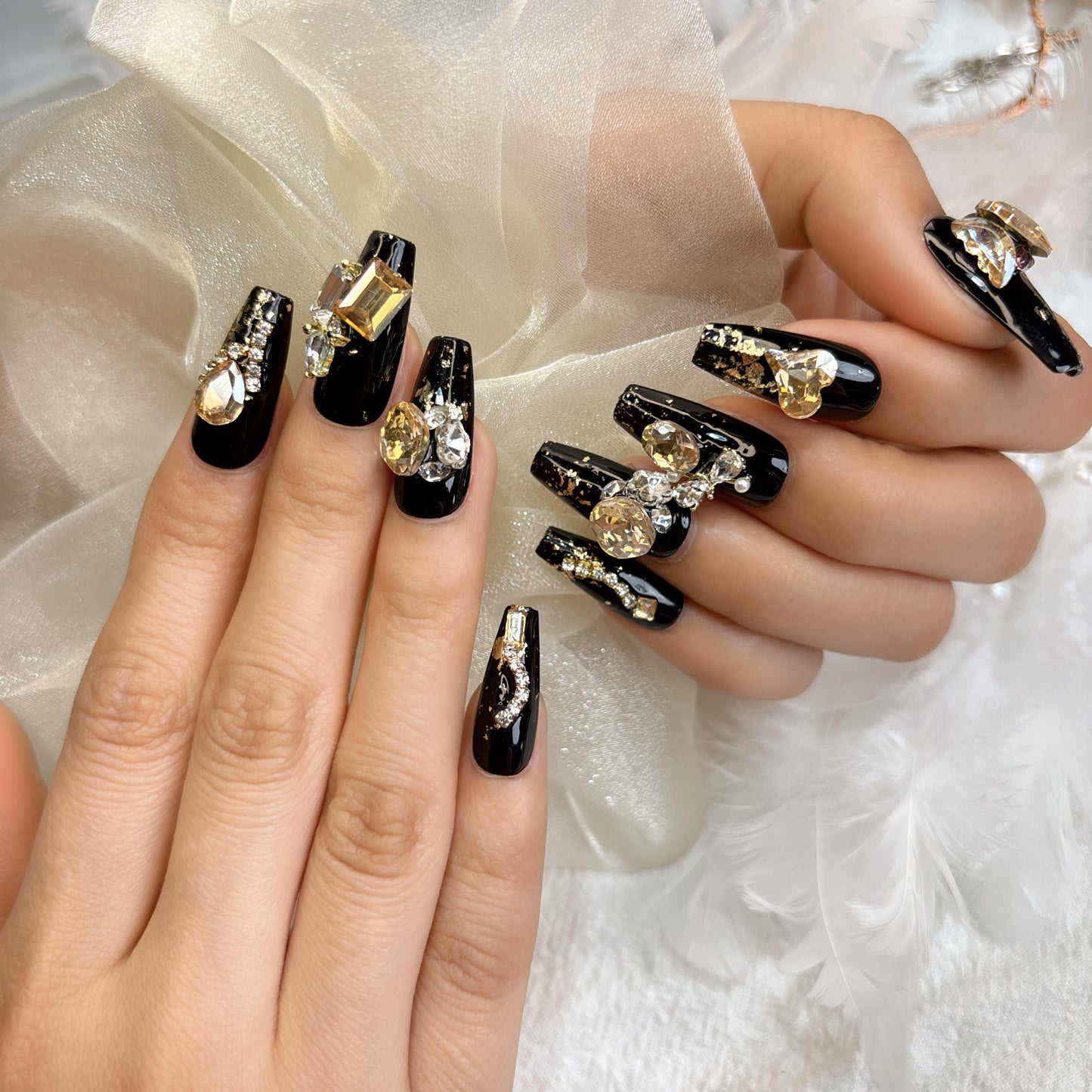 009 Mid-length 10PCS Handmade press on nails of light luxury gold foil yellow diamond handmade nails