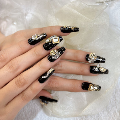 009 Mid-length 10PCS Handmade press on nails of light luxury gold foil yellow diamond handmade nails