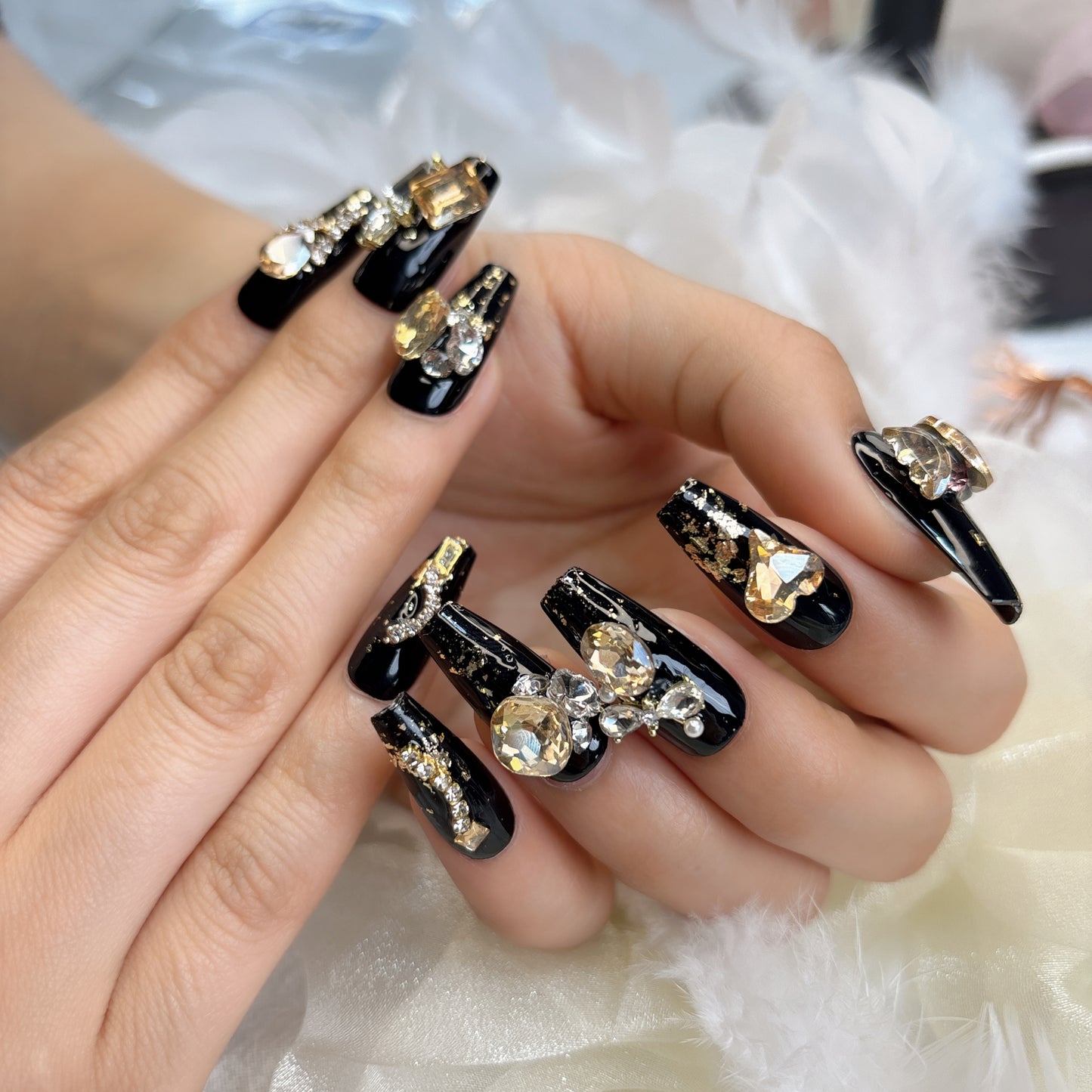 009 Mid-length 10PCS Handmade press on nails of light luxury gold foil yellow diamond handmade nails