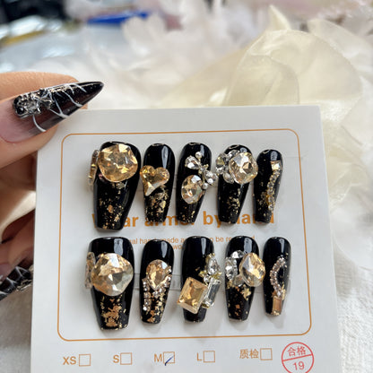 009 Mid-length 10PCS Handmade press on nails of light luxury gold foil yellow diamond handmade nails