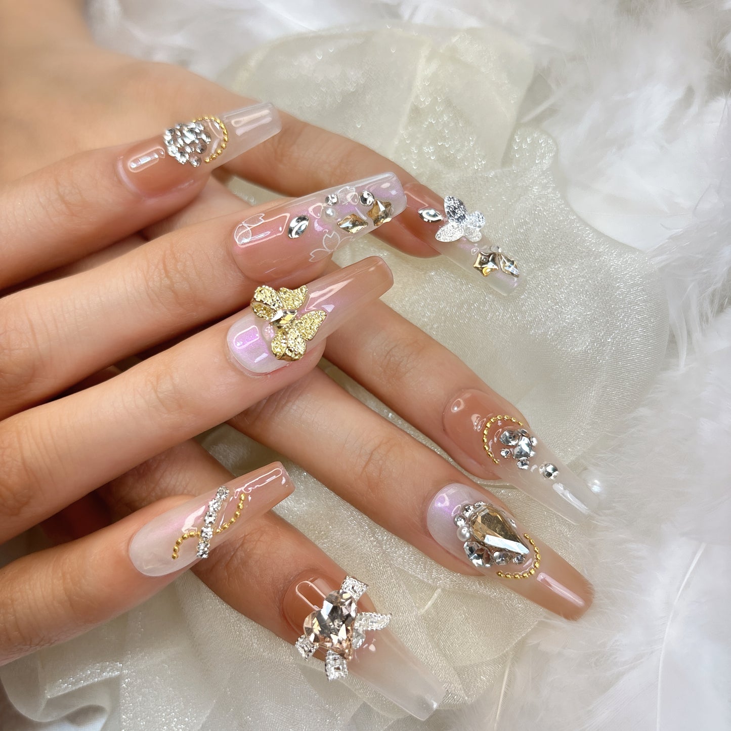 013 Long Square  10PCS Handmade press on nails of Gentle fairy three-dimensional pearl bow detachable handmade nail