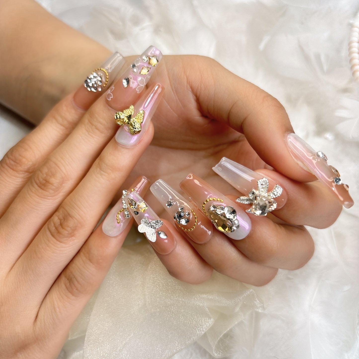 013 Long Square  10PCS Handmade press on nails of Gentle fairy three-dimensional pearl bow detachable handmade nail