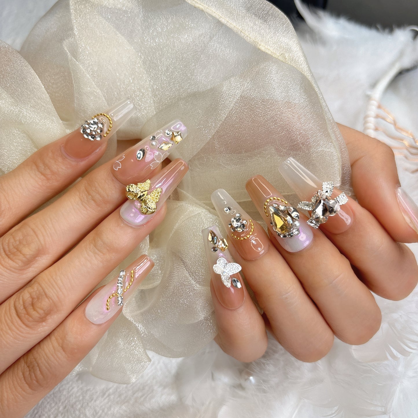 013 Long Square  10PCS Handmade press on nails of Gentle fairy three-dimensional pearl bow detachable handmade nail