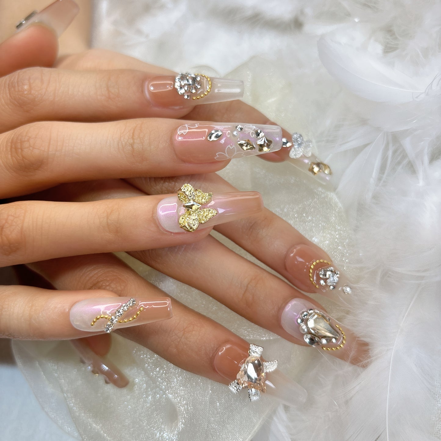 013 Long Square  10PCS Handmade press on nails of Gentle fairy three-dimensional pearl bow detachable handmade nail