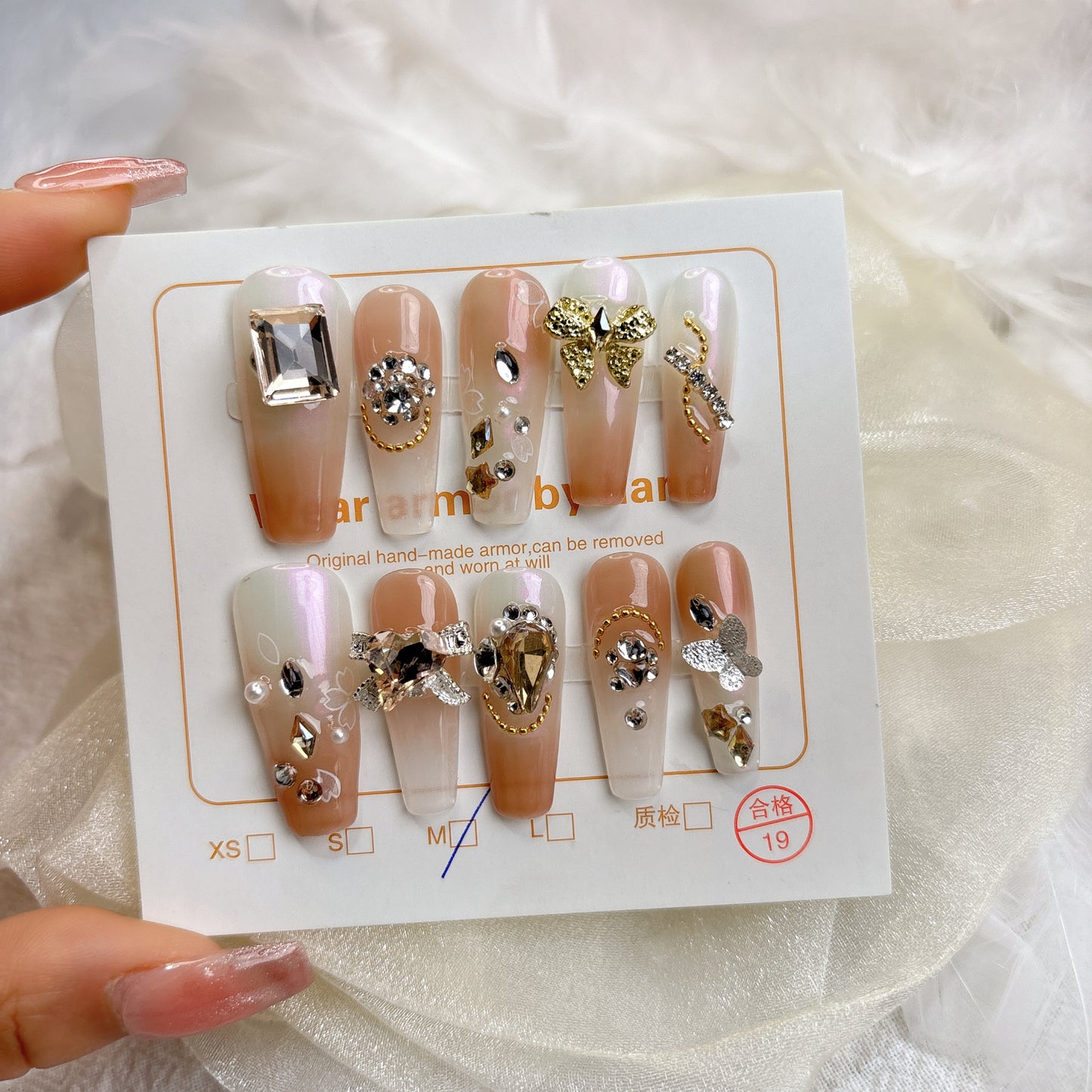 013 Long Square  10PCS Handmade press on nails of Gentle fairy three-dimensional pearl bow detachable handmade nail