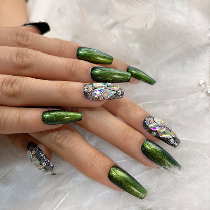 016 Mid-length  10PCS Handmade press on nails of  Premium green fine sparkle diamonds are detachable and reusable handmade nail