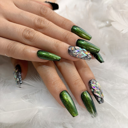 016 Mid-length  10PCS Handmade press on nails of  Premium green fine sparkle diamonds are detachable and reusable handmade nail