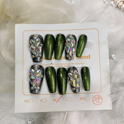 016 Mid-length  10PCS Handmade press on nails of  Premium green fine sparkle diamonds are detachable and reusable handmade nail