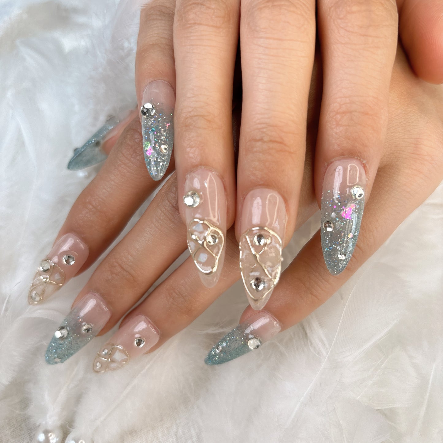 018 Stiletto  10PCS Handmade press on nails of hand-painted with diamonds, ice blue, detachable reusable handmade nail