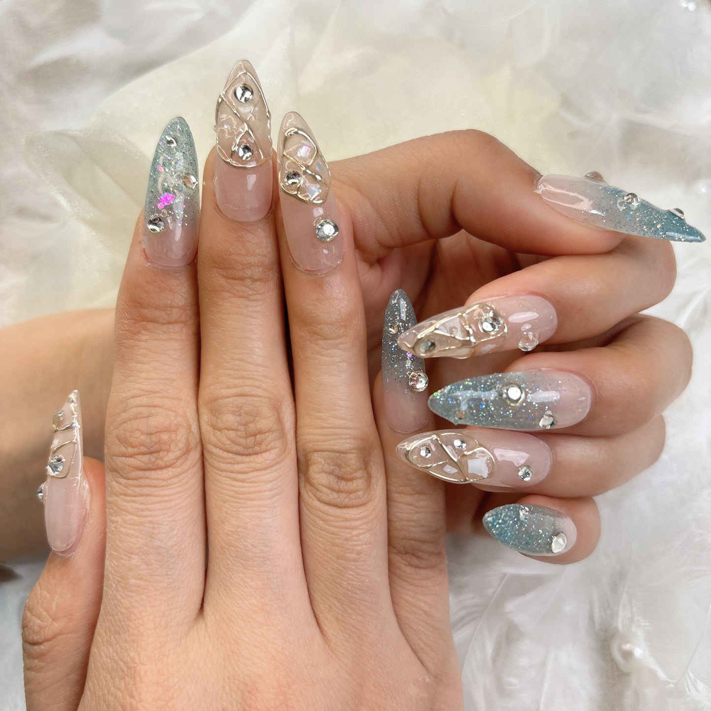 018 Stiletto  10PCS Handmade press on nails of hand-painted with diamonds, ice blue, detachable reusable handmade nail