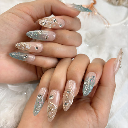 018 Stiletto  10PCS Handmade press on nails of hand-painted with diamonds, ice blue, detachable reusable handmade nail