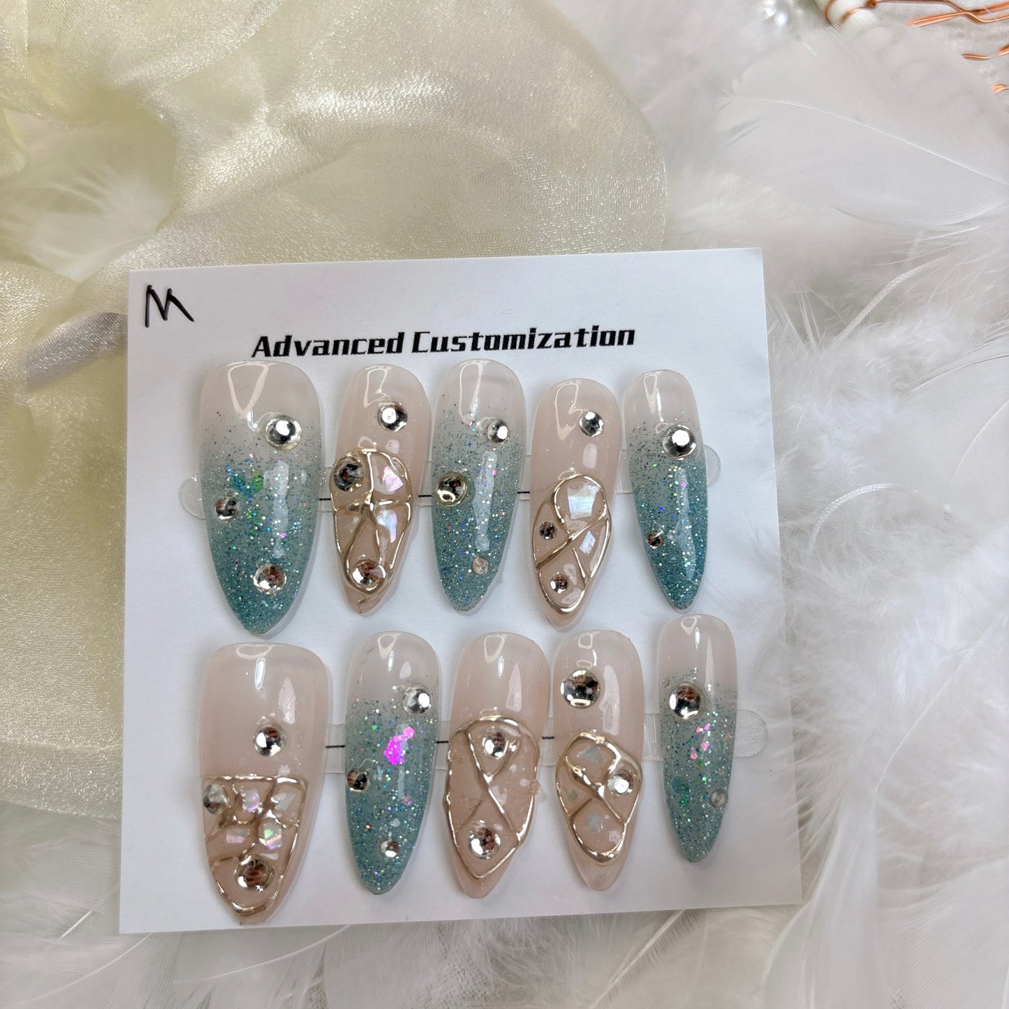 018 Stiletto  10PCS Handmade press on nails of hand-painted with diamonds, ice blue, detachable reusable handmade nail