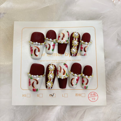 020 Mid-length 10PCS Handmade press on nails of French vintage velvet pearl detachable reusable handmade nail