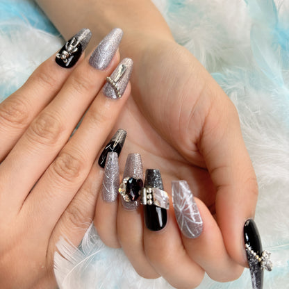 024  Mid-length 10PCS Handmade press on nails of Dark Bear detachable reusable handmade nail