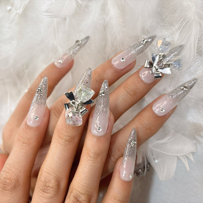 028  Stiletto 10PCS detachable reusable Handmade press on nails of Silver gradient burst bow smart manicure