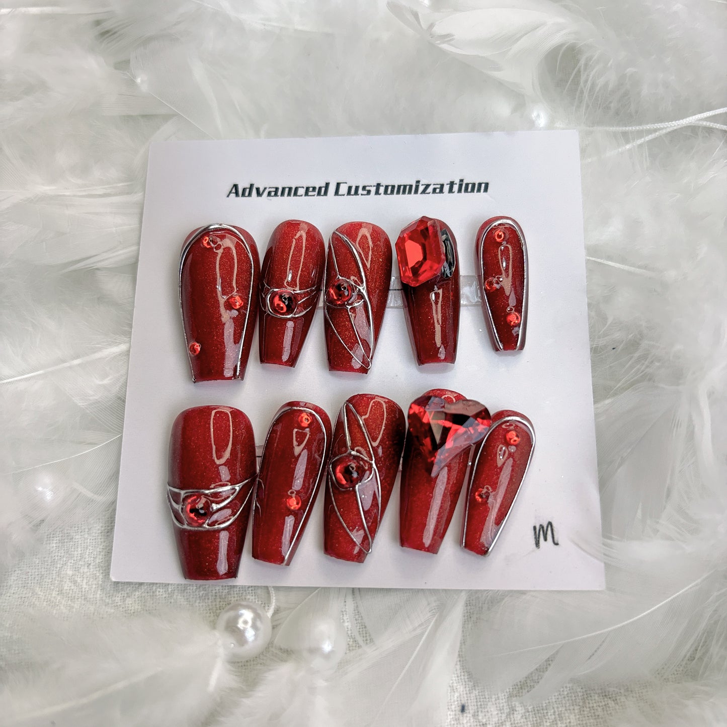 029 Stiletto 10PCS detachable reusable Handmade press on nails of American-style vintage ruby nail