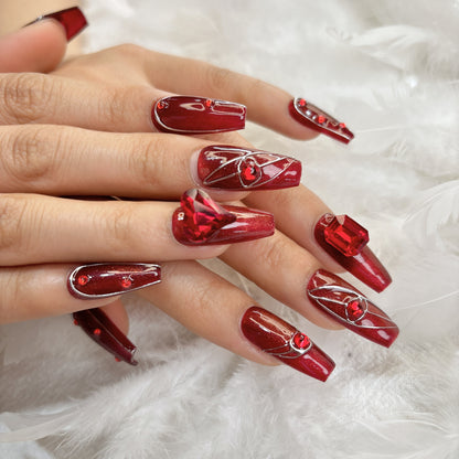 029 Stiletto 10PCS detachable reusable Handmade press on nails of American-style vintage ruby nail