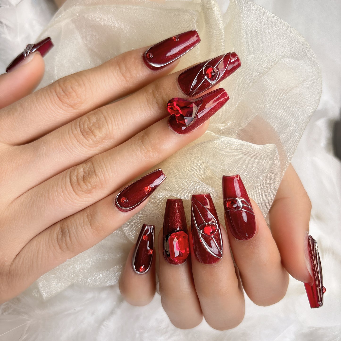 029 Stiletto 10PCS detachable reusable Handmade press on nails of American-style vintage ruby nail