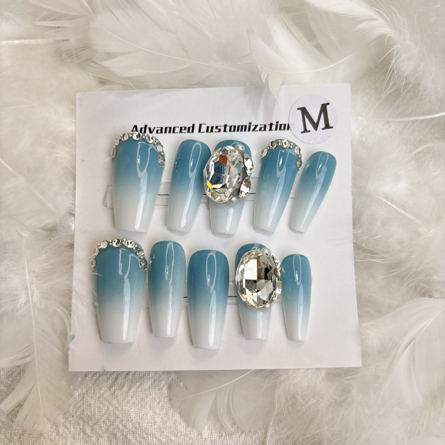 030 Mid-length 10PCS detachable reusable Handmade press on nails of Light blue gradient diamond sparkle fresh manicure