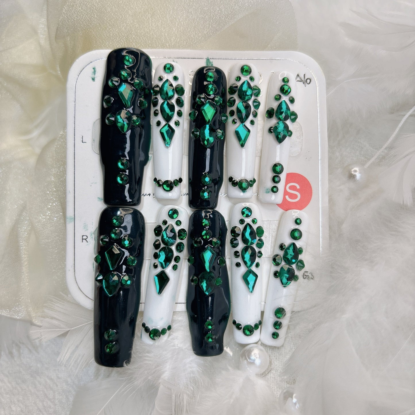 031 Long Square 10PCS detachable reusable  Handmade press on nails of Noble emerald sparkling diamond manicure