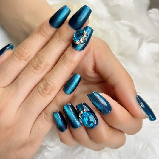 033 Short Square 10PCS detachable reusable  Handmade press on nails of Temperament show white style blue cat-eye nail art