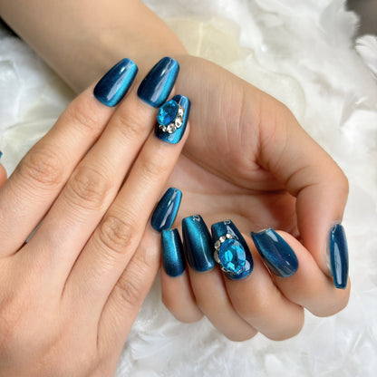 033 Short Square 10PCS detachable reusable  Handmade press on nails of Temperament show white style blue cat-eye nail art