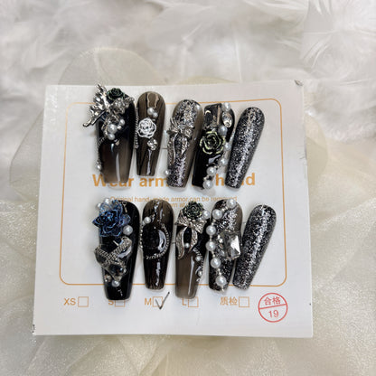 035  Long Square 10PCS detachable reusable Handmade press on nails of Butterfly Rose high-end flash light luxury nail art