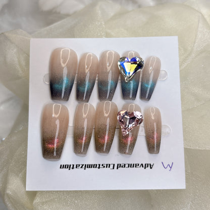 038 Mid-length 10PCS  detachable reusable Handmade press on nails of  Dynamic mandarin duck cat's eye gradient manicure