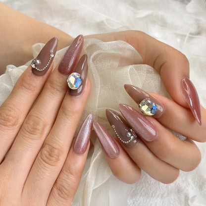 040  Stiletto 10PCS detachable reusable Handmade press on nails of Raspberry silk cat-eye manicure